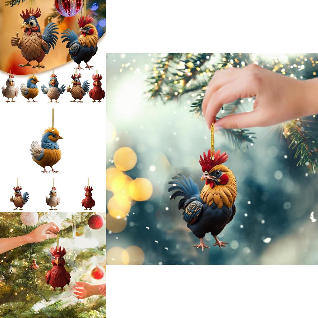 Adorable Acrylic Christmas Cartoon Chicken Car Pendant For Festive Holiday Decor