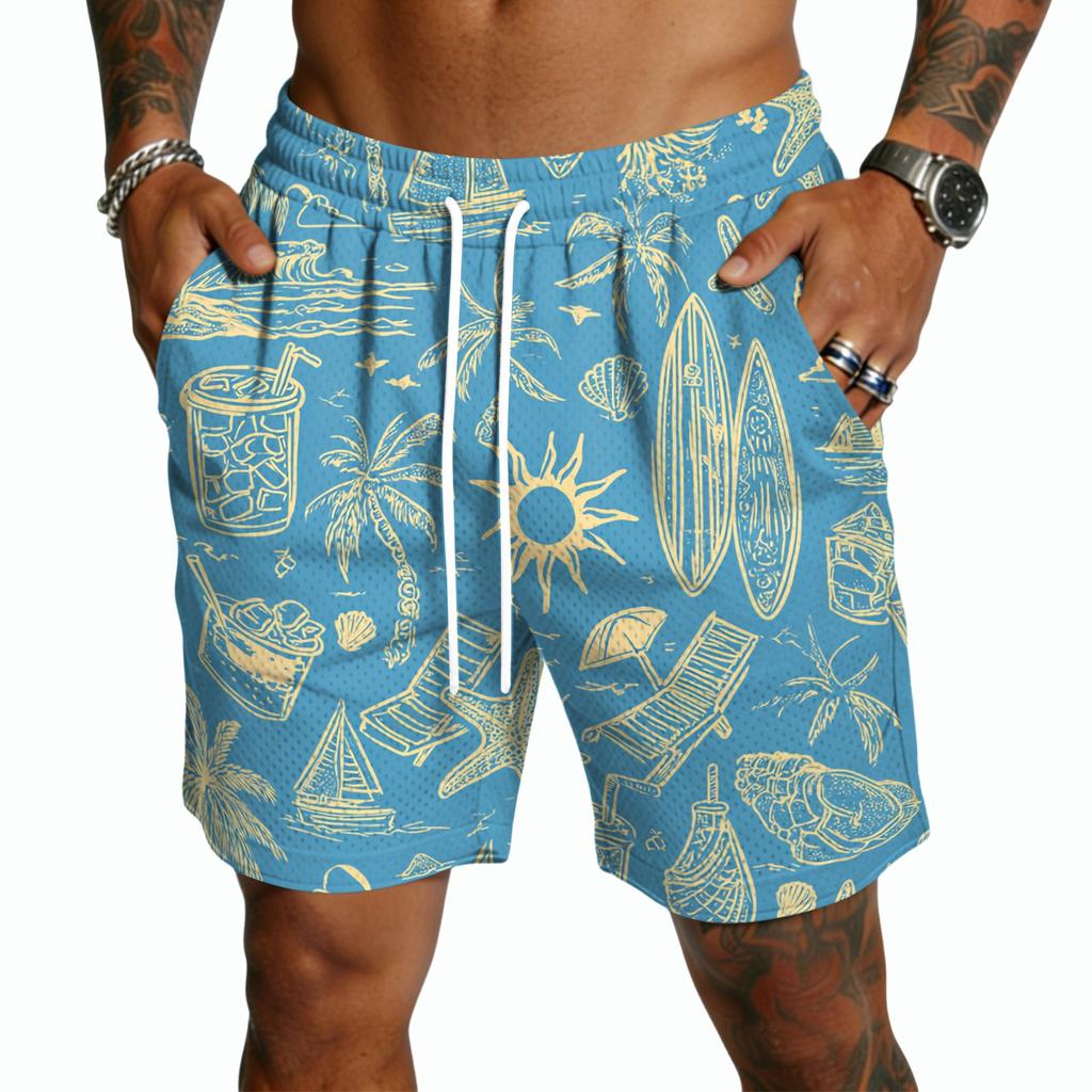 Men Drawstring Waist Casual Shorts Lightweight Quick Dry Five Inch Inseam Shorts with Hawaiian Print for Outdoor and Wear