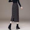 Women's Plaid Wool Hip-Hugging Half Skirt with Elastic Waist and Back Slit, 2025 Winter Collection