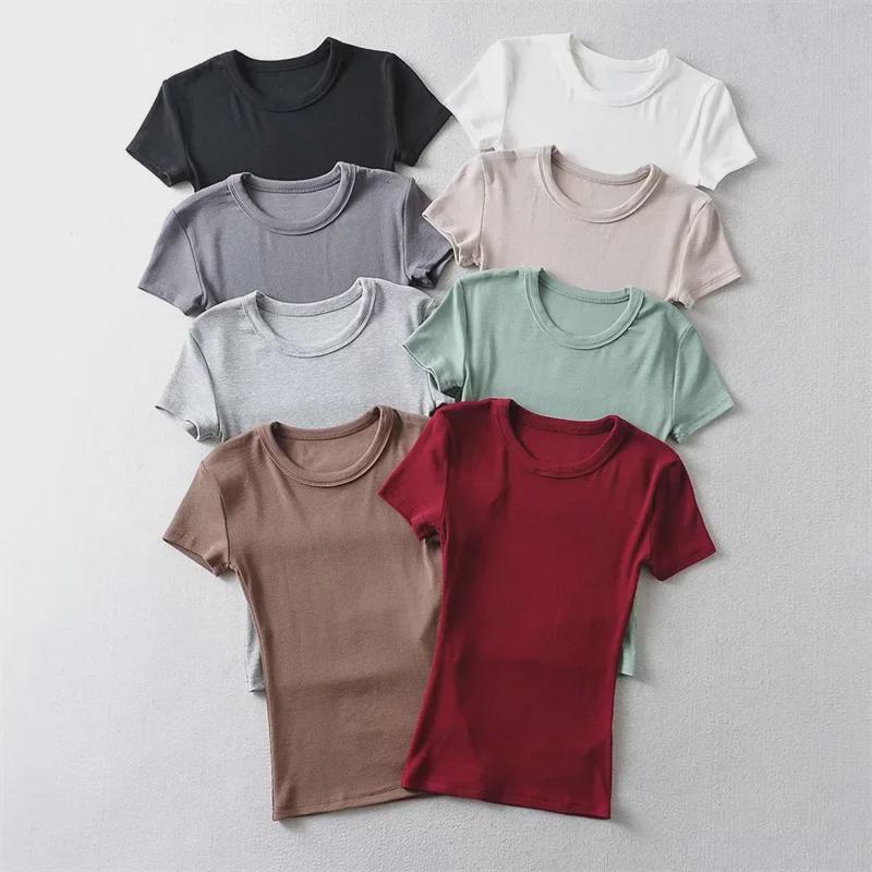 YPFF Summer Women's Solid Color Elastic Thread Basic Short-Sleeve Round Neck Top