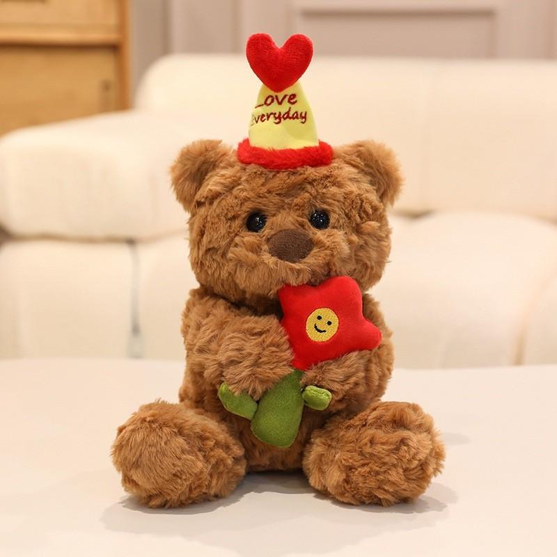 

Cake Teddy Bear With Hat Plush Toy Animal Stuffed Doll Decoration Kids Gift Brown Bear Flowers,22cm