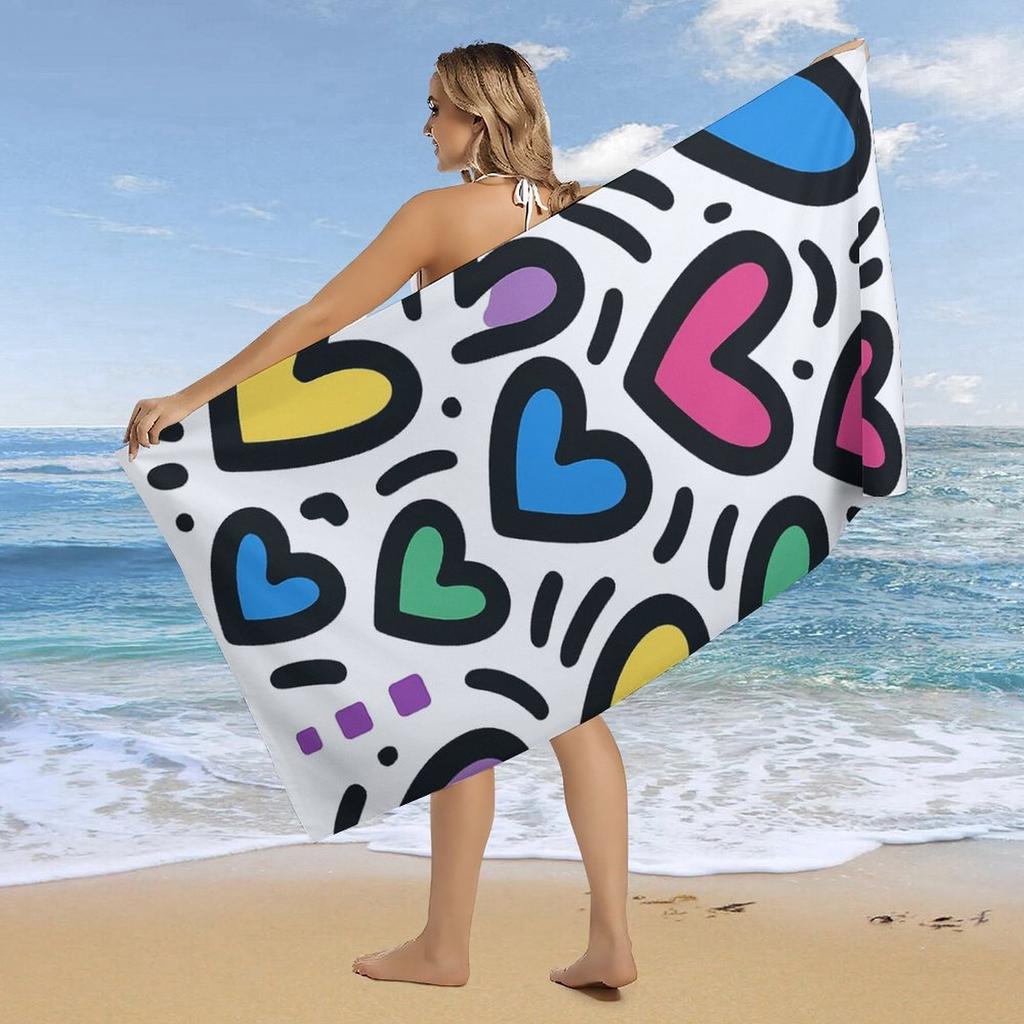 Large Quick-Dry Beach Towel - Super Absorbent Microfiber Bath & Pool Towel with Vibrant Hearts Pattern In Blue,Pink,Yellow,Green