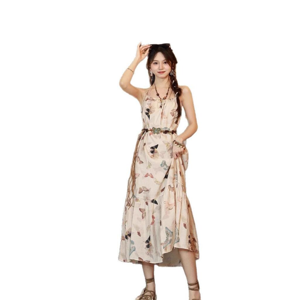 Bohemian retro sweet long dress butterfly print dress super fairy floral beaded loose and thin suspender skirt