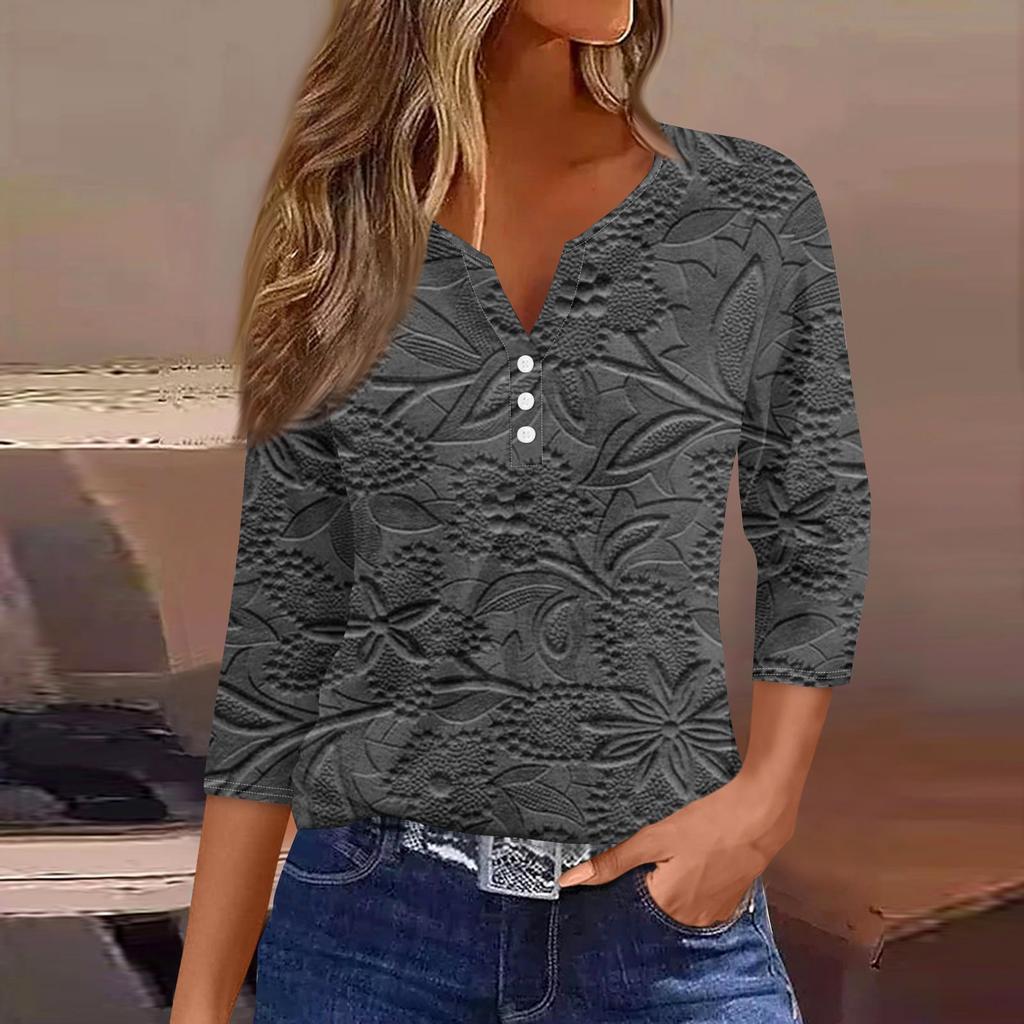Women's T Shirt Tee Print Button  3/4 SleeveDaily Weekend Fashion Basic V- Neck Regular Top