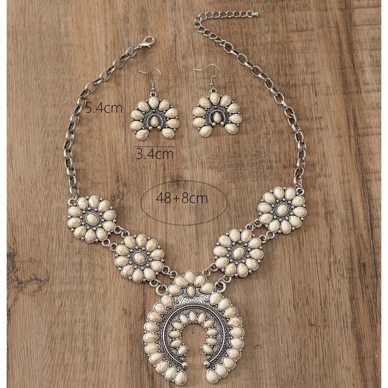 Boho Turquoise Pendant Necklace Set With Earrings Zinc Alloy Chain U-Shaped Vintage Style Women Men Casual Wear