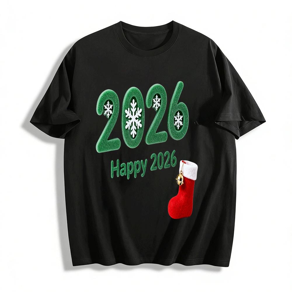 2026 Christmas Themed Snowflake Number Print Casual Holiday Top Pure cotton T-shirt XXS
