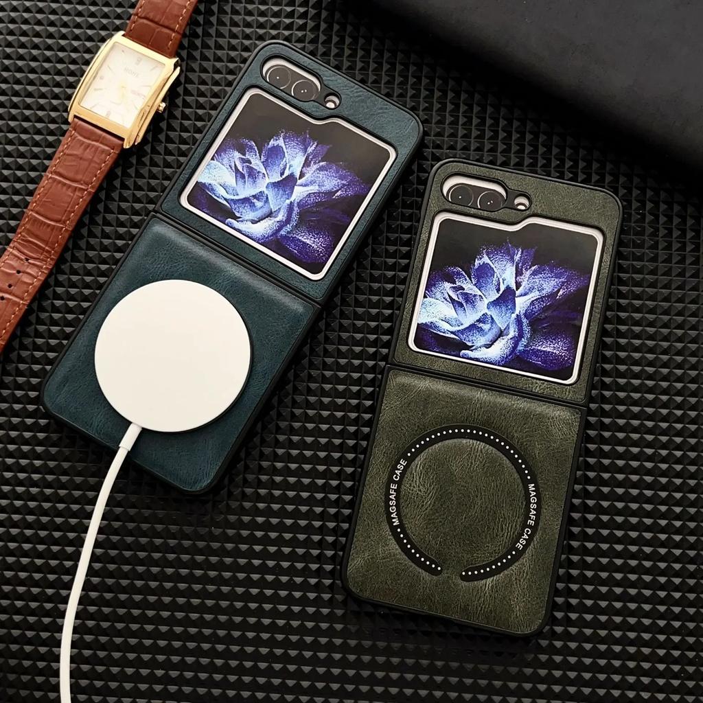 Leather for Magsafe Magnetic Wireless Charge Phone Case for Samsung Galaxy Z Flip 6 5 4 3 Flip5 Flip4 Flip6 5G Shockproof Cover