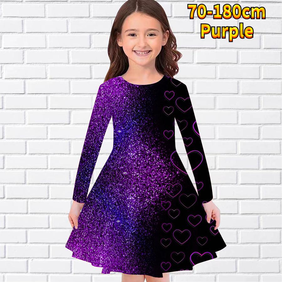 

Girl Casual Line Love Starry Sky Print Round Neck Long Sleeve Dress Kid Princess Dress