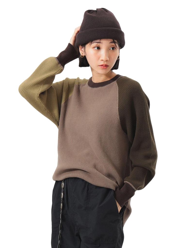 Beams Boy Women's 14 Gauge Waffle Crew Knit, Olive Free