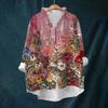 Women's Loose Ruffled Retro Floral Print Stand Collar Long Sleeve Cotton And Linen Top