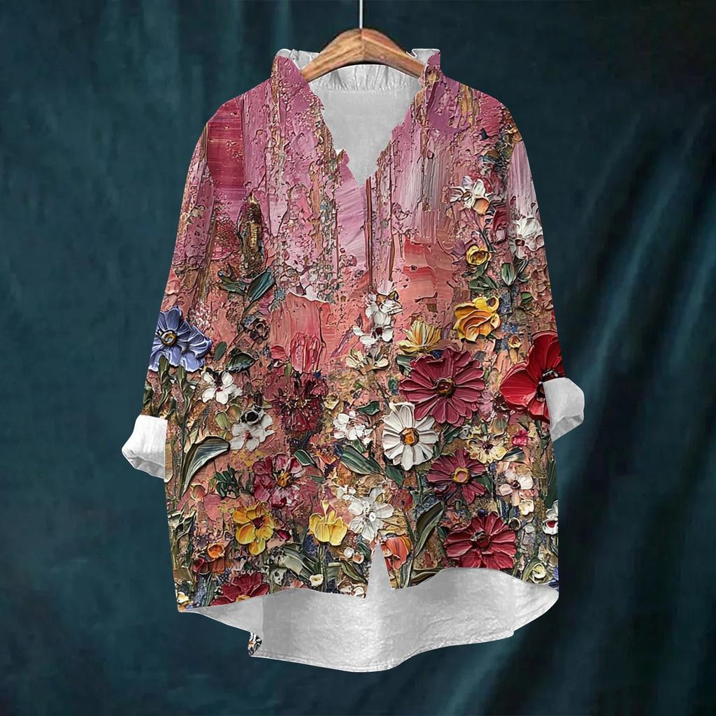 Women's Loose Ruffled Retro Floral Print Stand Collar Long Sleeve Cotton And Linen Top