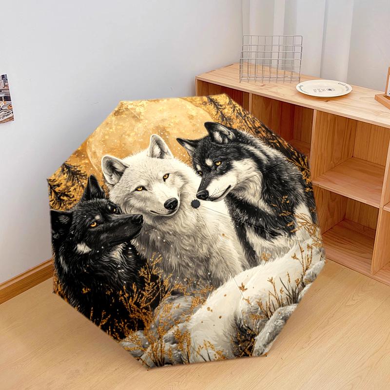 1 PC Automatic Folding Umbrella - Two Wolves Pattern, Portable & Foldable Design with 8 Ribs, Christmas Birthday Gifts