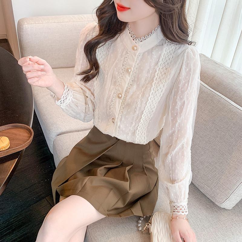 Herbstmode Neu 2024 Langarm Stehkragen Aprikosenfarbene Spitze Chiffon Bluse Hemd Damen Oberteile Blusen Hemden J472
