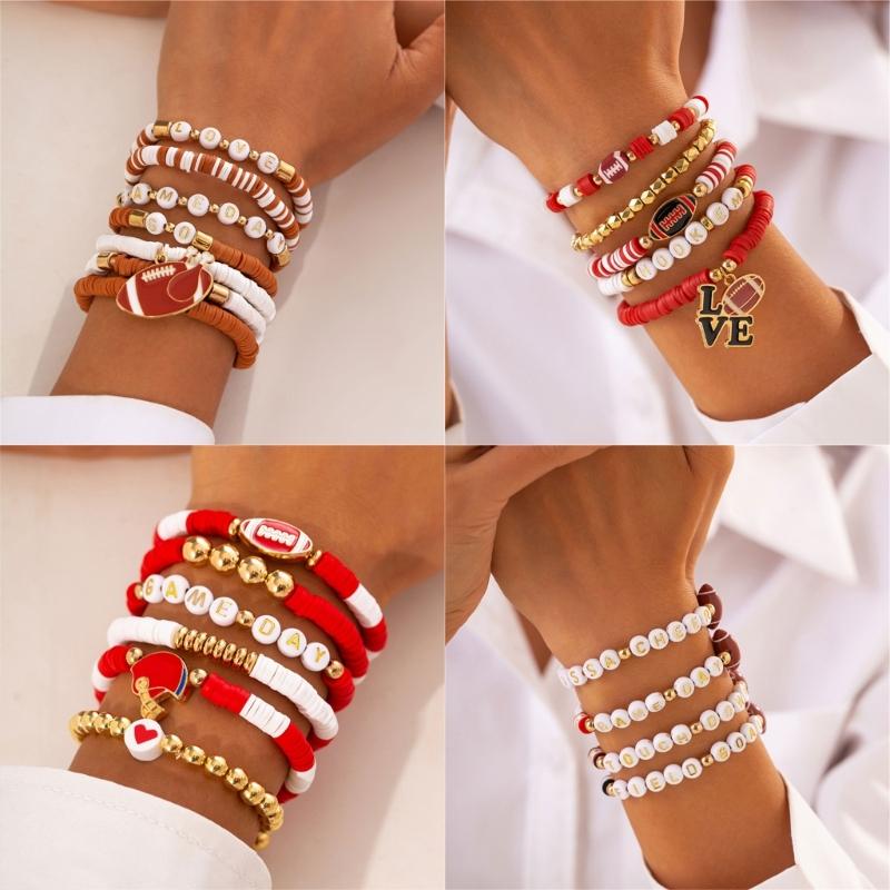 Versatile Unisex Football Charm Letter Beaded Bracelet Elastic Band Handchain for Everyday Wear Street Hand Jewelry
