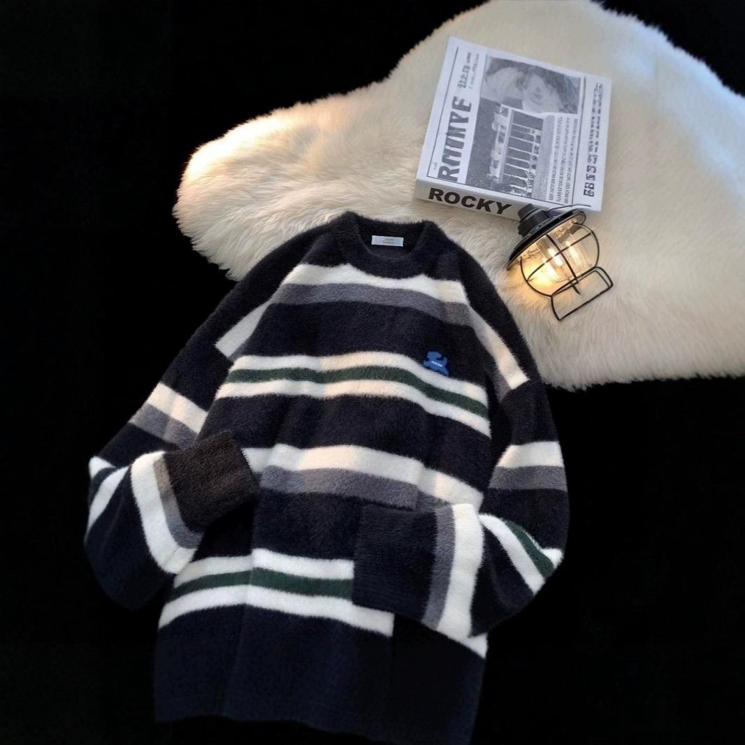 

Men s Striped Knitted Crew Neck Sweater - Casual Loose Fit for Couples M