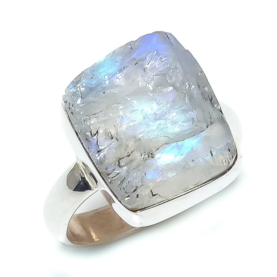 Natürlicher Regenbogen-Mondstein-Edelstein, 925er Sterling-Silber-Ring, Größe 7,5 g9j31