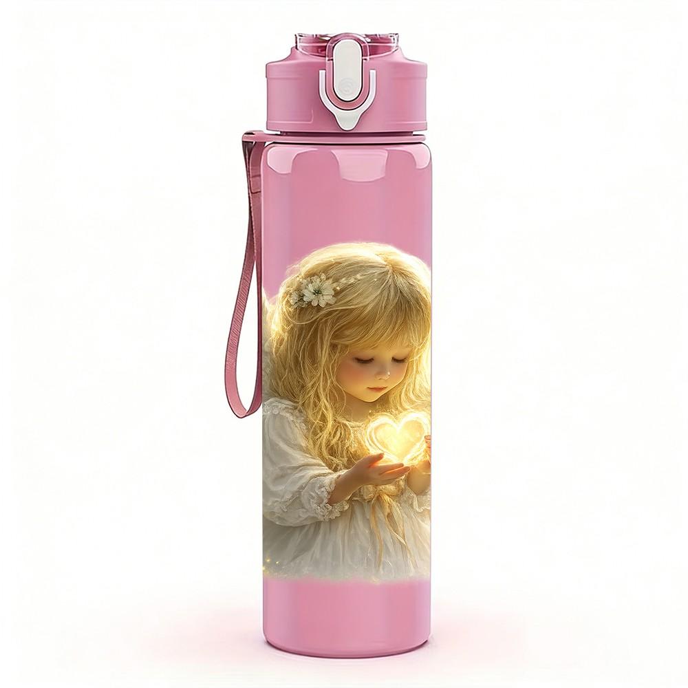 1PC Little Angel White Wing Art Print 750ml Color Plastic Sports Water Bottle Leakproof Flip Straw Lid Suitable for Sports Office Home Use