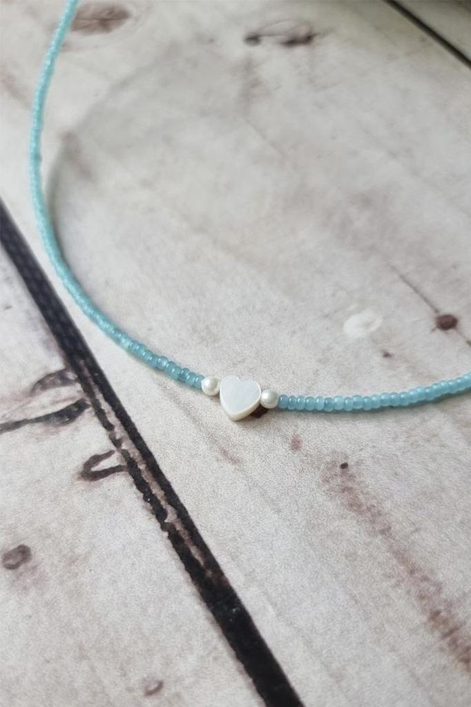 Blue Beaded Choker • Handmade Necklace with Freshwater Shell Heart