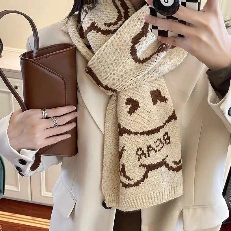 Autumn and Winter Warm Long Couple Scarf Student Korean Version Double-sided Printing Cute Bear Knitted Scarf Female
