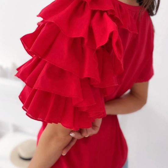 T-shirt damski z okrągłym dekoltem, nierozciągliwy, zapobiegający mechaceniu, z warstwowym falbankowym krótkim rękawem, bluzka odzież damska