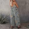 Summer Women Jumpsuit Adjustable Spaghetti Strap Backless Sleeveless Wide Leg Loose Floral Print Deep Crotch Side Pockets Pleated Vacation