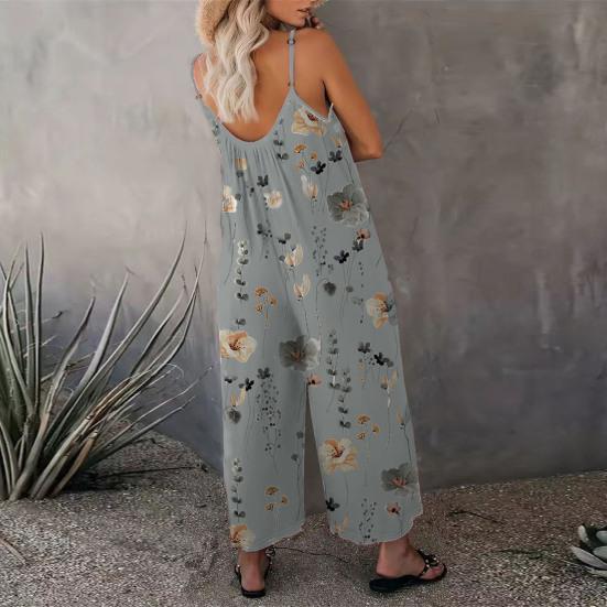 Summer Women Jumpsuit Adjustable Spaghetti Strap Backless Sleeveless Wide Leg Loose Floral Print Deep Crotch Side Pockets Pleated Vacation