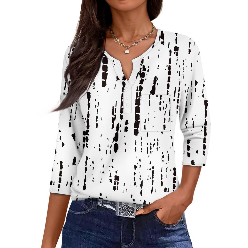 Women's Casual Fashion V-neck Loose Versatile Floral Print Three-quarter Sleeves