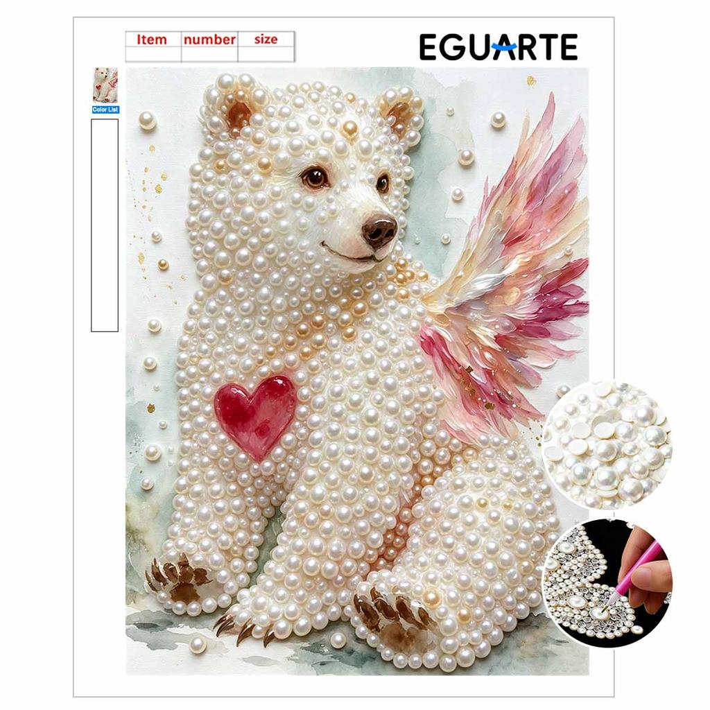 Relaxing DIY Pearl Painting Kit Framed with Winged Bear Heart Design 5D Sparkling Bead Canvas Craft for Girls Bedroom Decor Gift