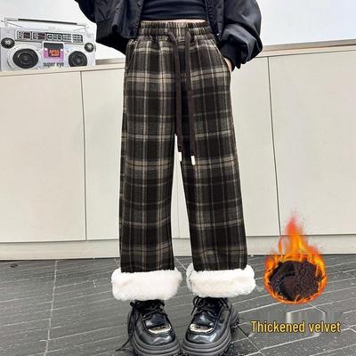 Pantalones de lana de pata de gallo de cintura alta y pernera ancha para niña con forro polar