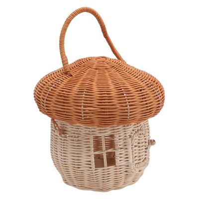 Rattan Woven Basket Hand Crafted Natural Cute Vintage Mushroom Shape Portable Baskets for Photo
