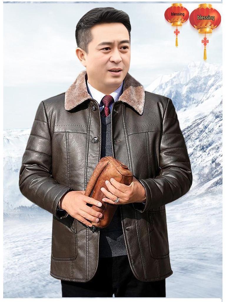 50-Year-Old Dad's Plus Velvet Thickened Leather Jacket for Middle-Aged & Elderly Men - Winter Cotton Padded Grandpa Jacket