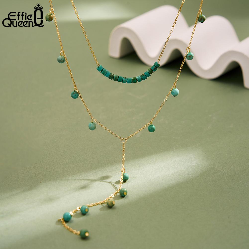 EFFIE QUEEN 925 Pure Silver Turquoise Beads Y-shaped Collarbone Retro Natural Turquoise Long Chain Necklace Women's Gift BQN32