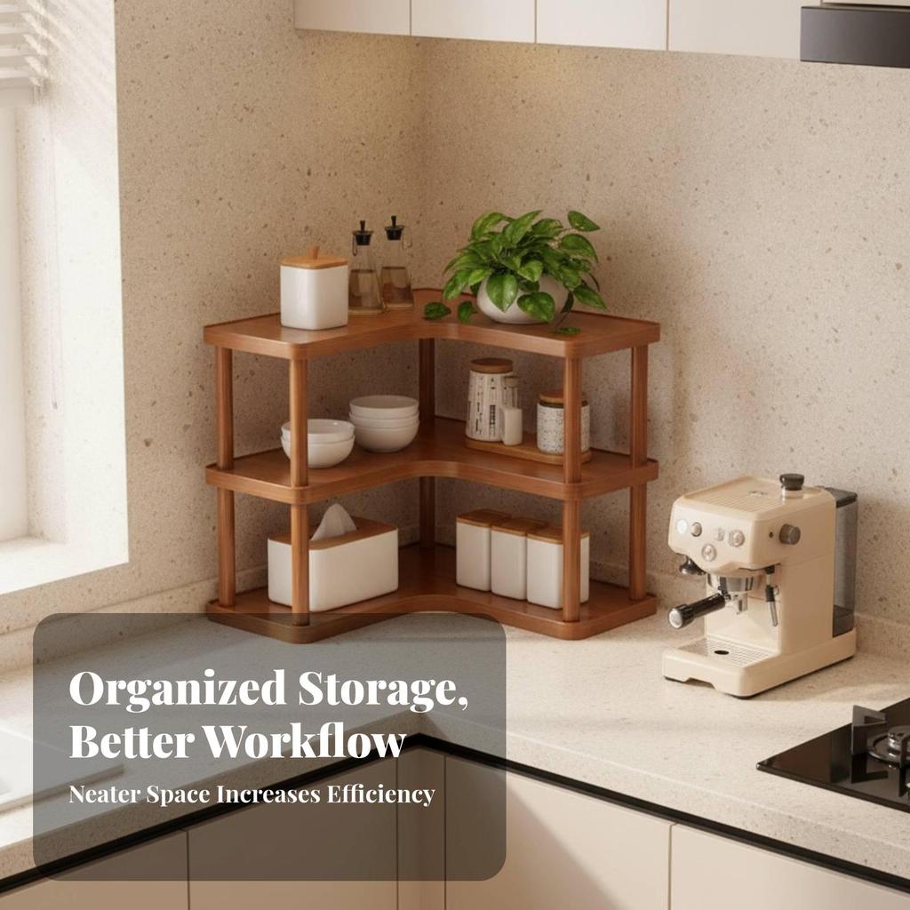 3-Level Bamboo Corner Desk Organizer Shelf Rounded Corners