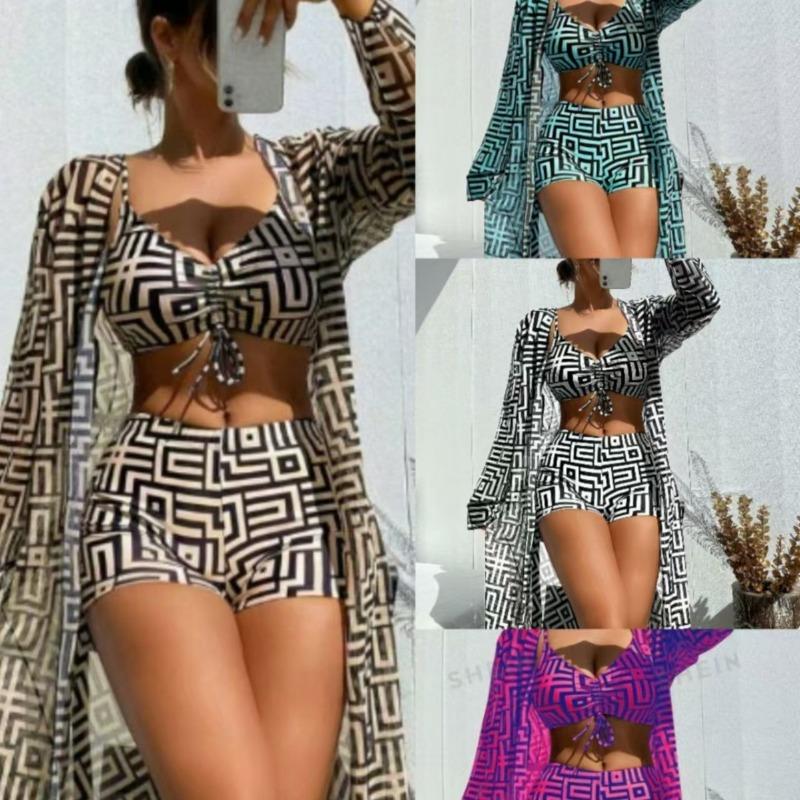New European and American Women's Split Swimsuit Blouse Three-piece Gather Beach High-waisted Bikini