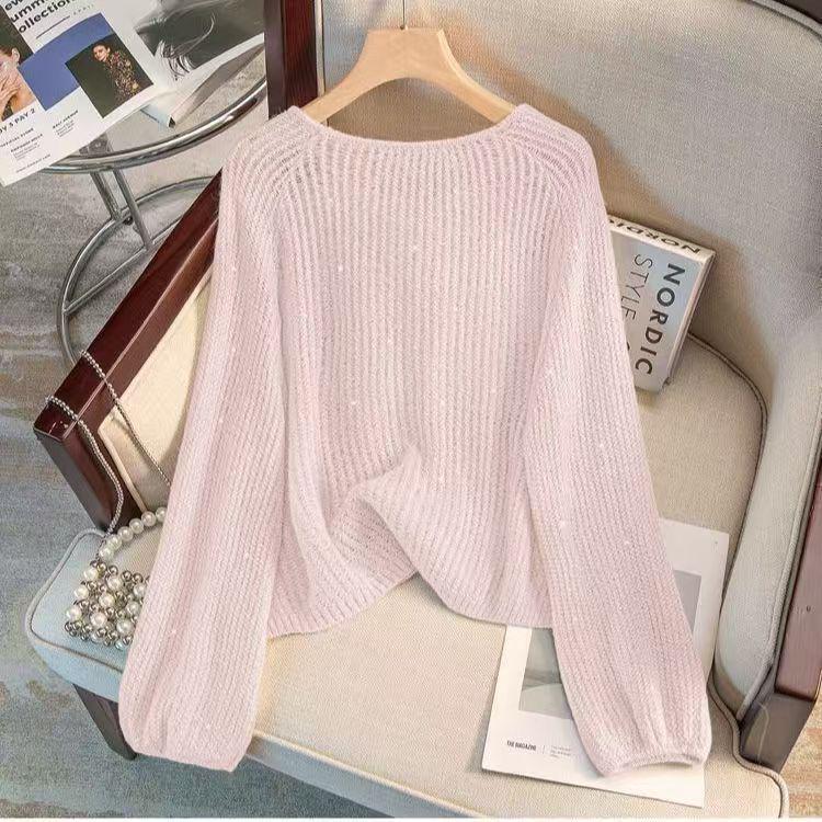 Sweet Openwork Round Neck Beaded Sunscreen Loose Knit Top for Women