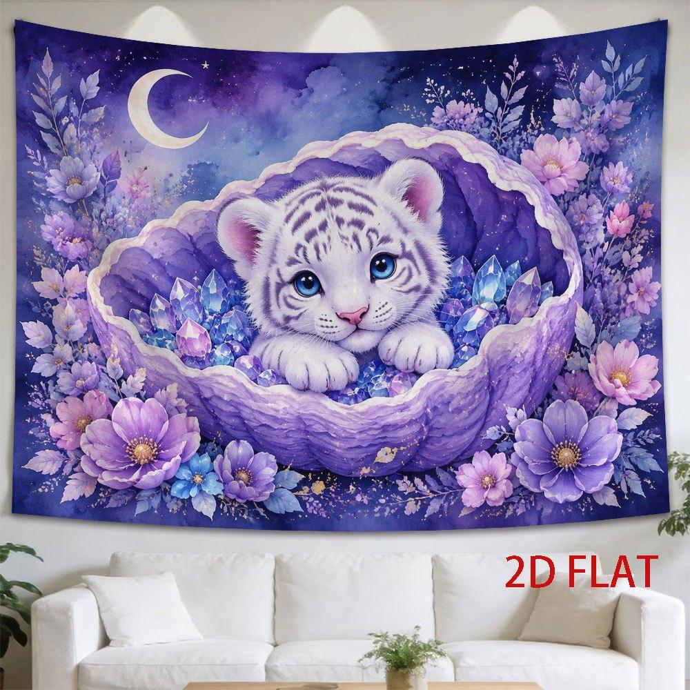 2D Flat - 2D Flat - 1pc 2D Flat Tapestry Dreamy Moonlit White Tiger Cub Nestled in a Floral Crystal Cradle Under Starry Sky