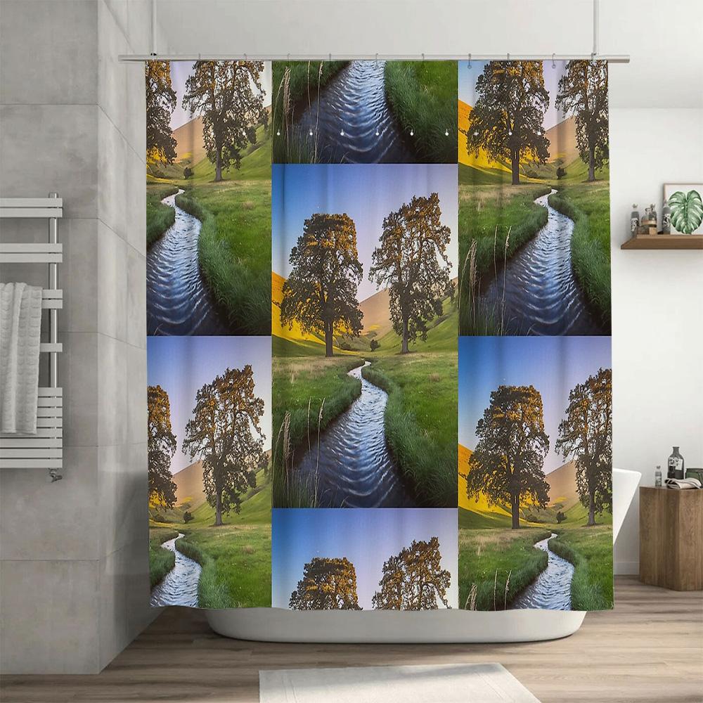 Nature Landscape Shower Curtain Botanical Forest River Mountain Scenic Backdrop Washable Bathroom Decor