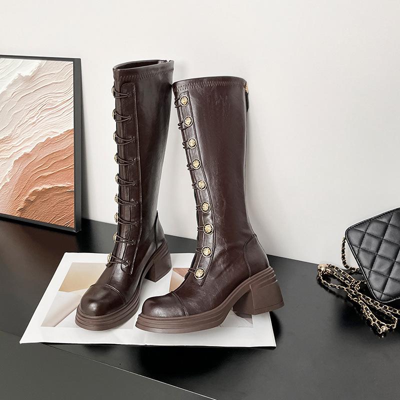 

Ретро британский значок, но ботфорты женские осенне-зимние новые толстый каблук тонкая высокая голенище тонкие ботинки рыцарские ботинки эластичные 40 коричневый