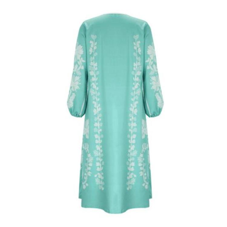 Fließender Saum Bohemian Maxikleid Damen Tiefer V-Ausschnitt Oversized Langarm Strandurlaub Blumendruck Retro Quaste Sommer A-Linien-Kleid