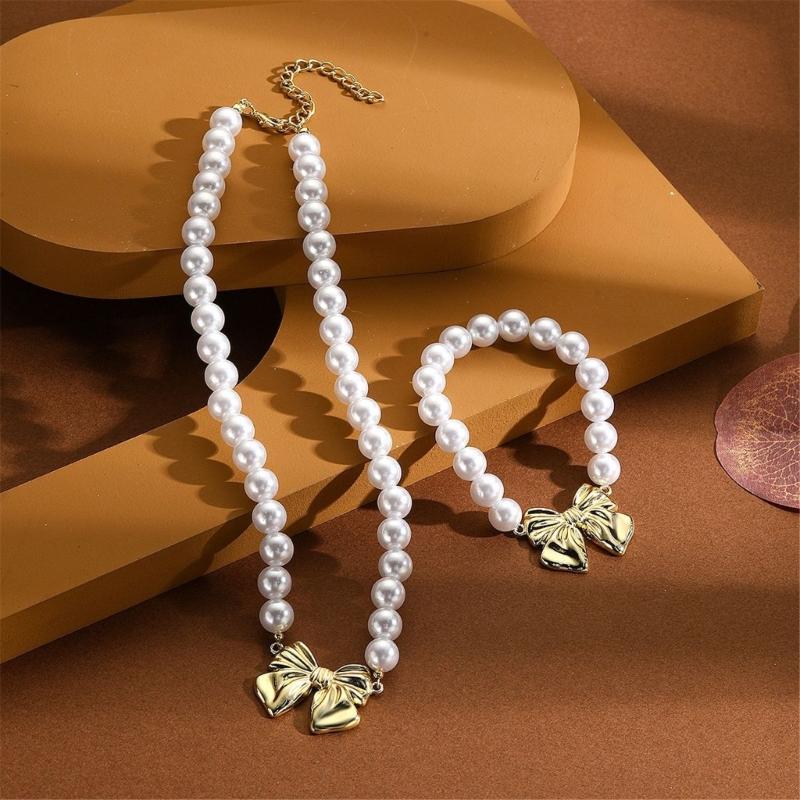 Fashionable Bowknot Pendant Bracelet/Earrings/Necklace Elegant Imitation Pearls Ornament Stylish Jewelry for Daily Wear