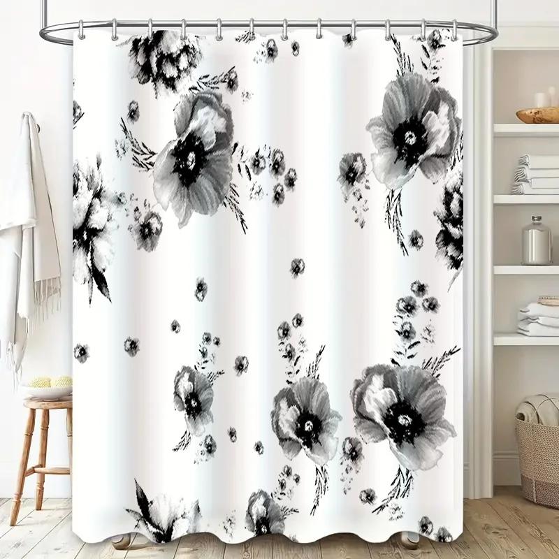 Black And White Flower Shower Curtain Waterproof Bath Mat Decorative Home Decor Bathroom Curtains For Bathtub