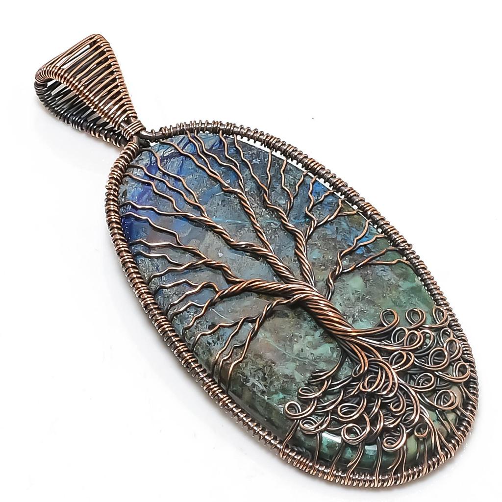 Tree Of Life Azurite Malachite Pendant, Handmade Gemstone 999 Copper Wire Wrap Pendant Antique Jewelry, For Gift Copper Jewelry