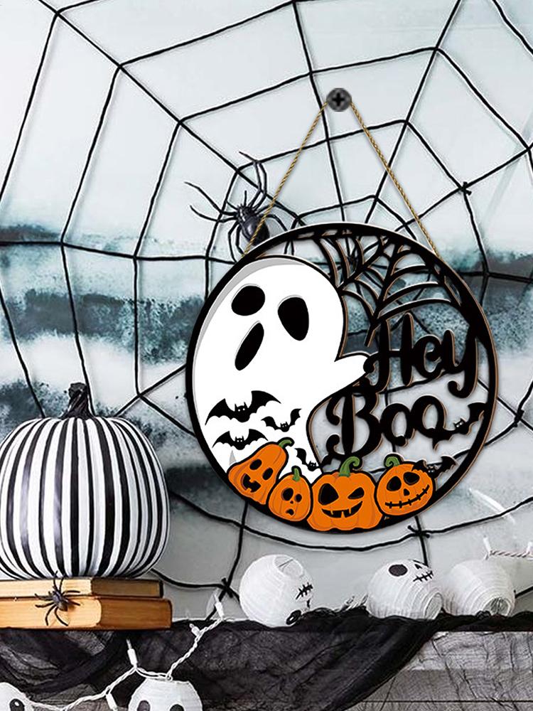 Welcome Door Sign Scary Halloween Door Hangings Ghost Pumpkin Front Door Hanger Round Halloween Wreath Decor for Home Party