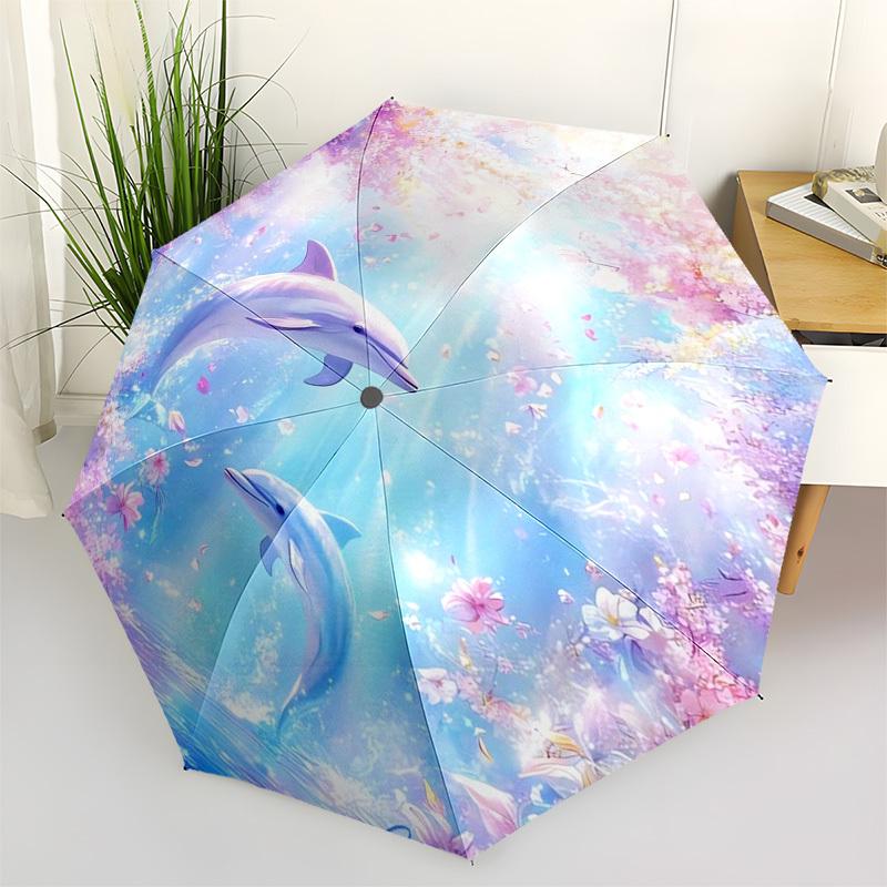 

Dolphins, Floral Fantasy Themed Automatic Opening and Closing Umbrella, Compact Travel Umbrella, Lightweight and Portable, Suitable for Beac