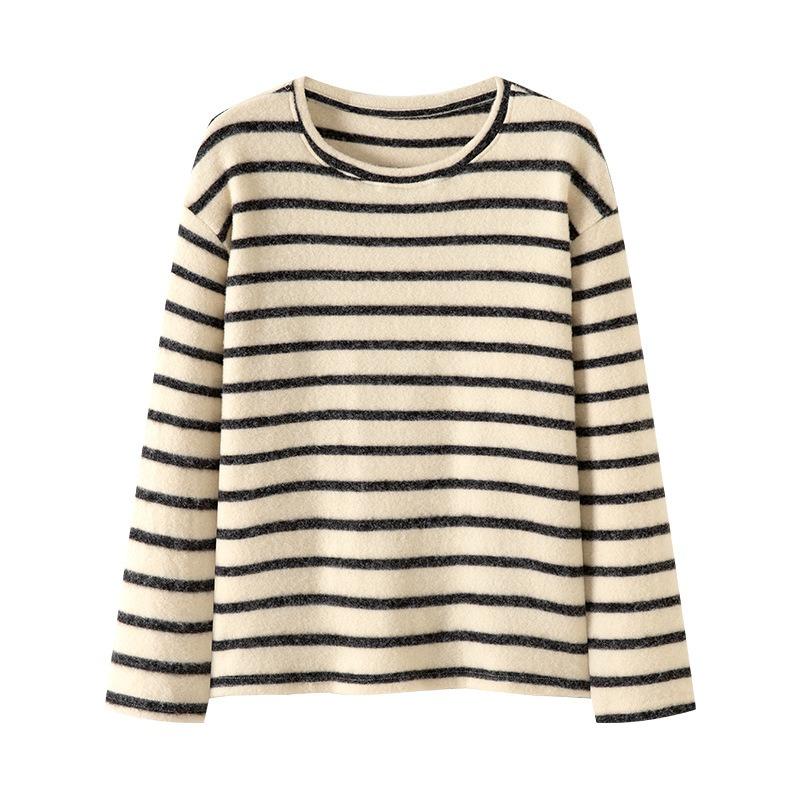 Crew neck striped polished long-sleeved shirt women's autumn and winter lazy style inner bottoming shirt loose top