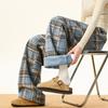 Men Women Winter Warm Fleece Lined Plaid Casual Pants Elastic Waist Drawstring Straight Leg Wide Trousers