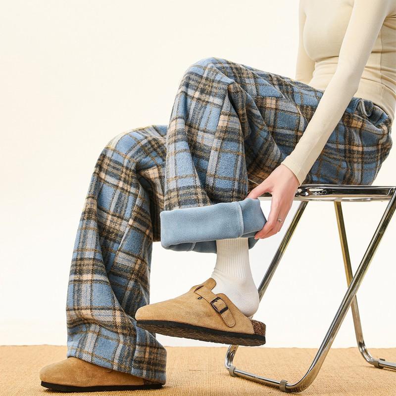 Men Women Winter Warm Fleece Lined Plaid Casual Pants Elastic Waist Drawstring Straight Leg Wide Trousers