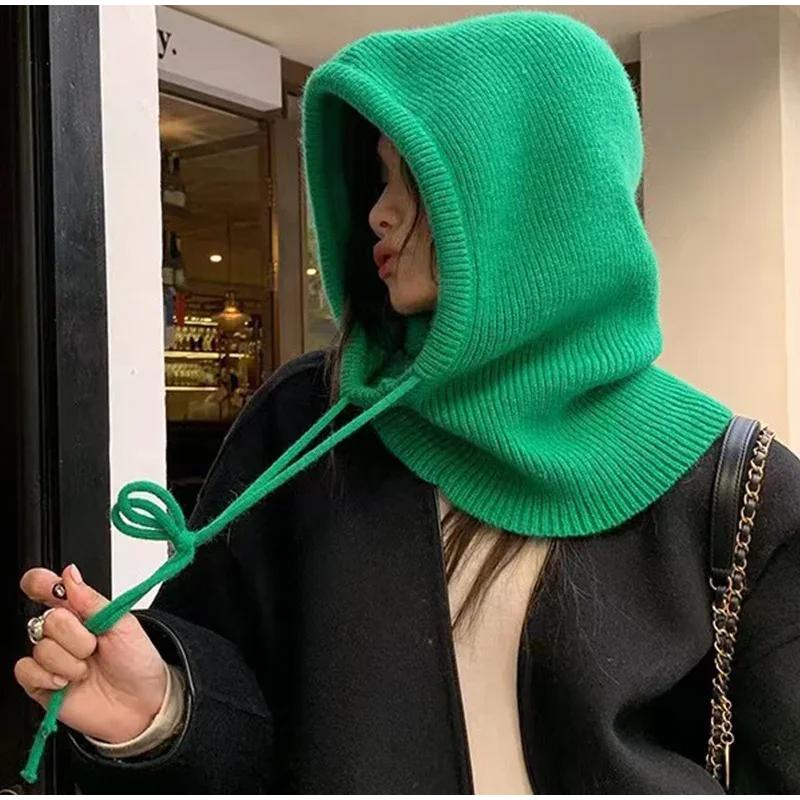 Șapci tricotate cu glugă Pălării cu balaclava de iarnă pentru femei în stil coreean Încălzitor în aer liber Pălării cu șnur, guler dintr-o singură bucată, șapcă șapcă