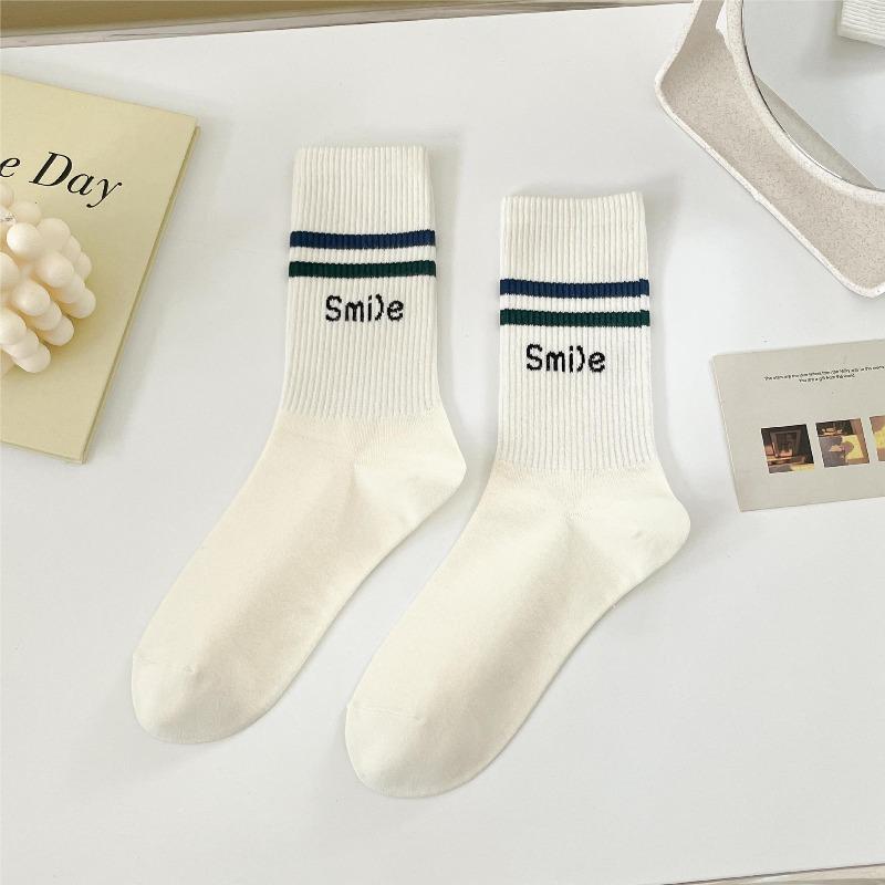 Striped Socks, Women's Mid-calf High-top Socks, Versatile, Simple, Sporty, School Style, Spring and Autumn Cotton Socks