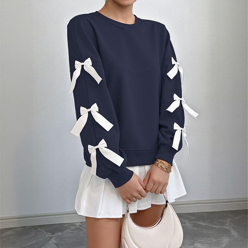 

Солодкий осінньо-зимовий стиль Топ з круглим вирізом та бантом Різдвяне худі для жінок XL темно-синього кольору